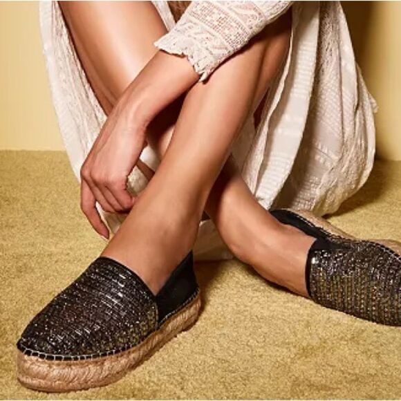 STEVE MADDEN Proud Black Silver Embellished Leather Platform Espadrilles shoe 10 - Picture 2 of 12